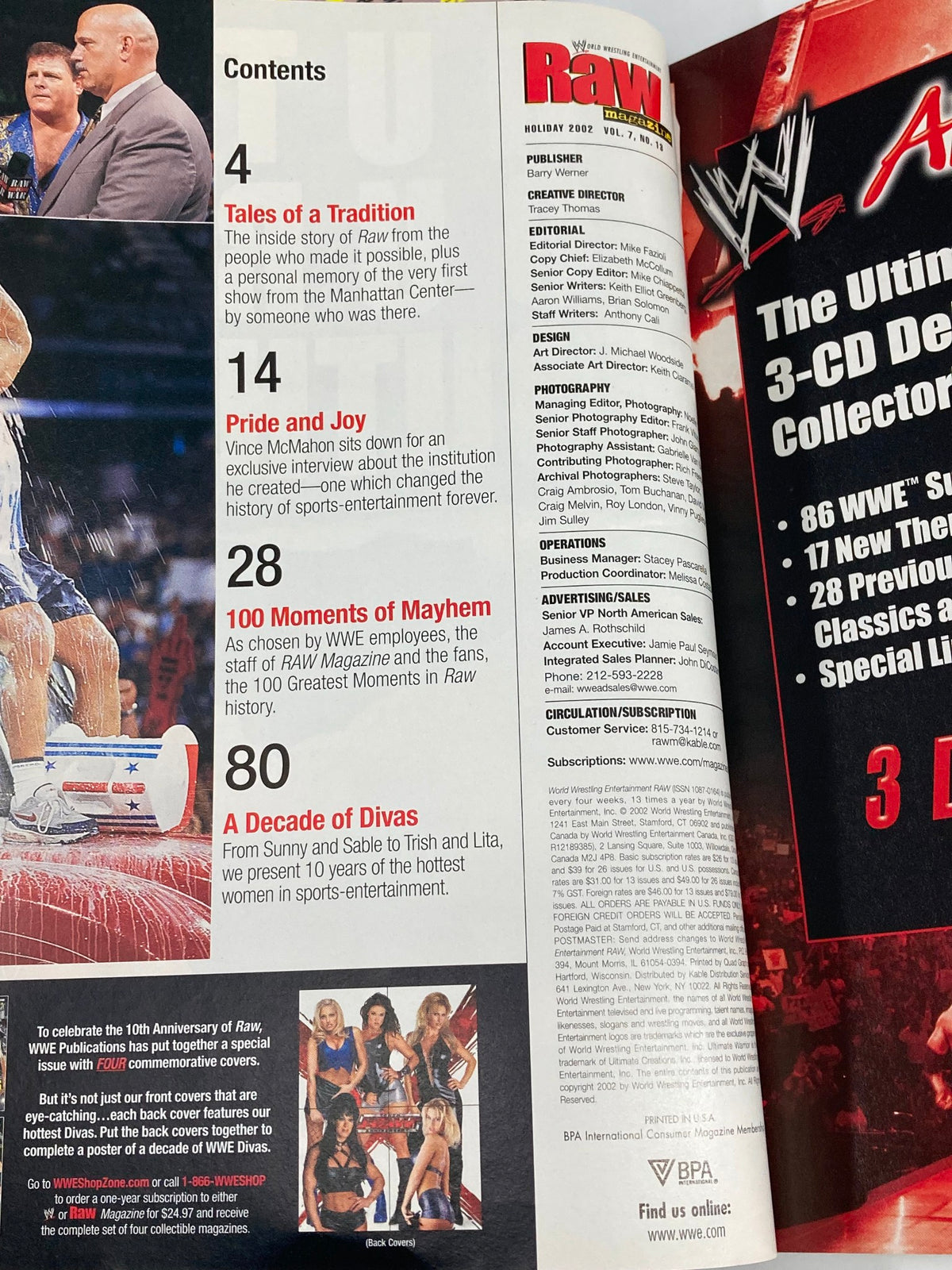 WWE Raw Magazine Holiday 2002 contents page showcasing sections including 'Tales of a Tradition', 'Pride and Joy', '100 Moments of Mayhem', and 'A Decade of Divas'. This magazine features insights into Vince's Pride and Passion in professional wrestling.