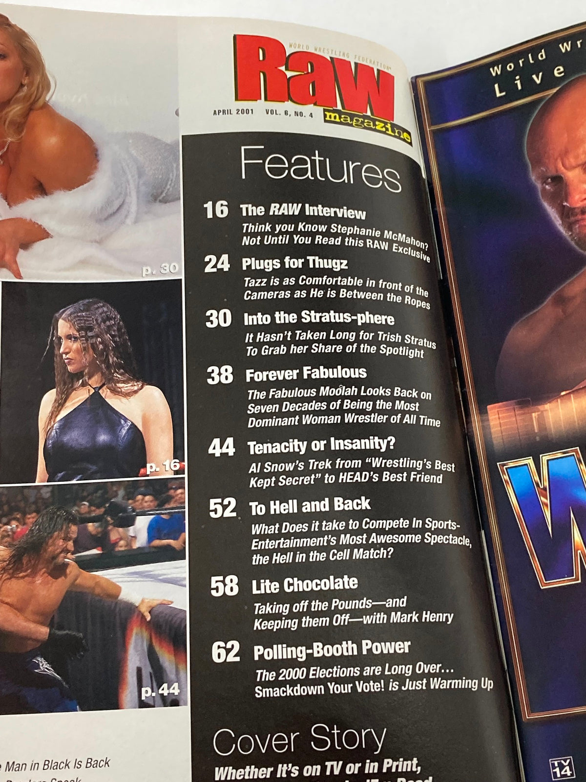 Inside page of WWF Raw Magazine April 2001 showing feature articles, including 'The RAW Interview' and topics reflecting on Trish Stratus' journey in wrestling.