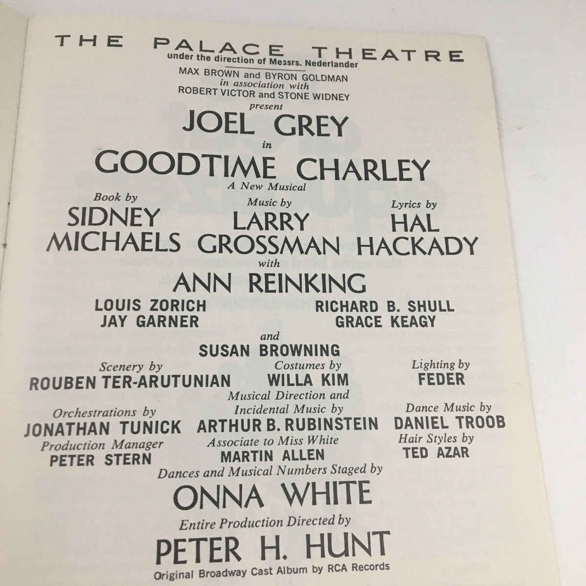 Inside page of the 1975 Playbill The Palace Theatre for Goodtime Charley, featuring the cast list and production details.
