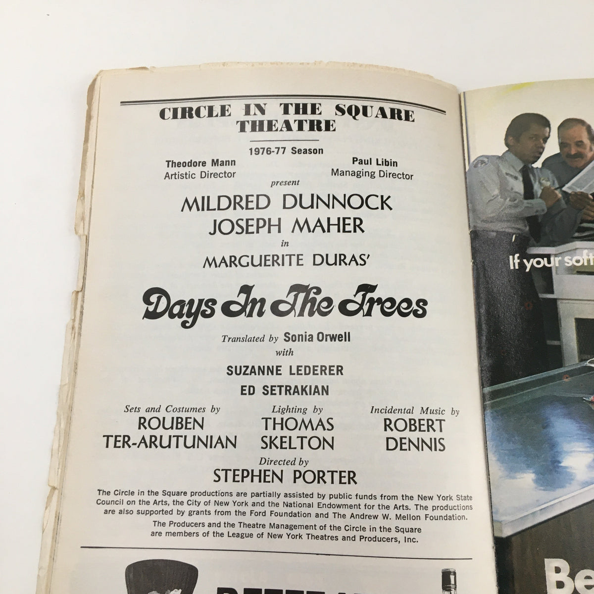 1976 Playbill for Days in the Trees at Circle in the Square Theatre featuring director Stephen Porter and cast details, showcasing vintage theater memorabilia.