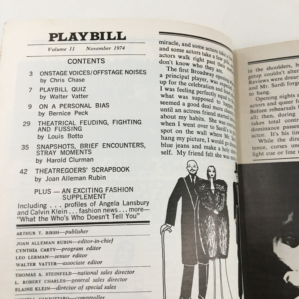 1974 Playbill for Absurd Person Singular showing the contents page, including on-stage voices and a quiz.