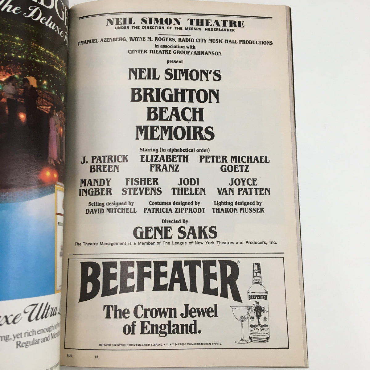 Image of the page featuring the cast list for Brighton Beach Memoirs, directed by Gene Saks, from the 1983 Playbill at the Neil Simon Theatre.