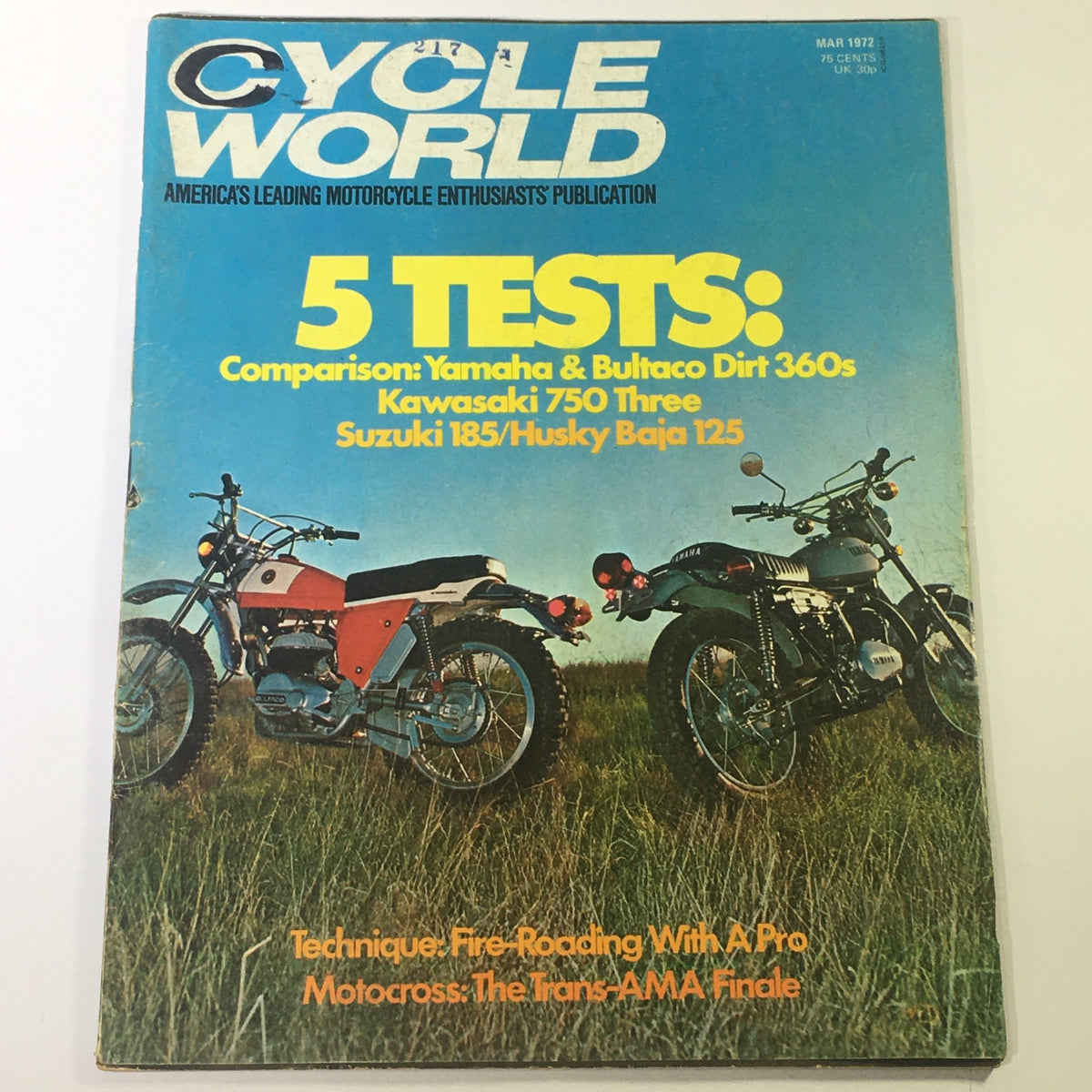 Cover of VTG Cycle World Magazine March 1972 featuring a comparison of Yamaha & Bultaco Dirt 360s and Kawasaki 750, with images of motorcycles on a grassy field.