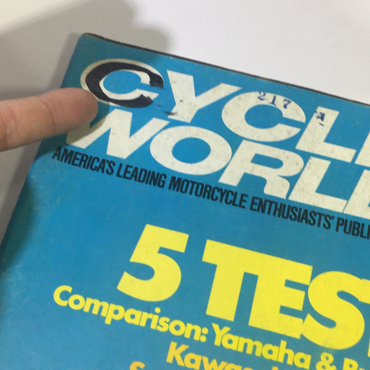 Close-up of VTG Cycle World Magazine March 1972 cover showing the title and details of motorcycle tests, including Yamaha, Bultaco, and Kawasaki models.