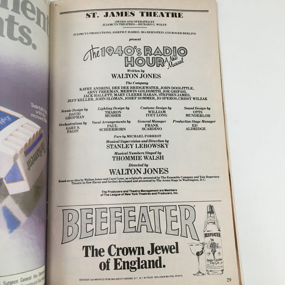 Page in the 1979 Playbill for The 1940s Radio Hour including cast details and advertisements, highlighting the theatrical context.
