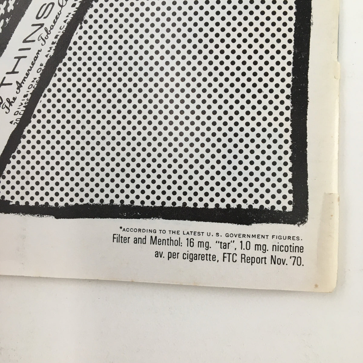Close-up of a vintage advertisement from the 1970 Playbill for 'Sleuth,' featuring Anthony Quayle, highlighting health warnings with a black and white dotted design.
