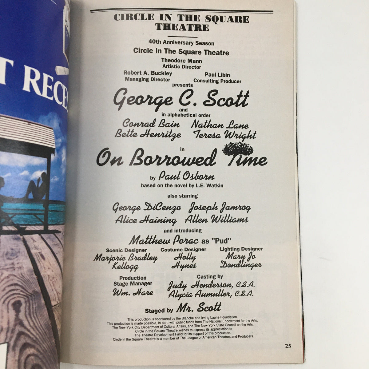 Cast listing page of the 1991 Playbill for On Borrowed Time by Paul Osborn, showcasing the Circle in the Square Theatre's production details and key personnel.