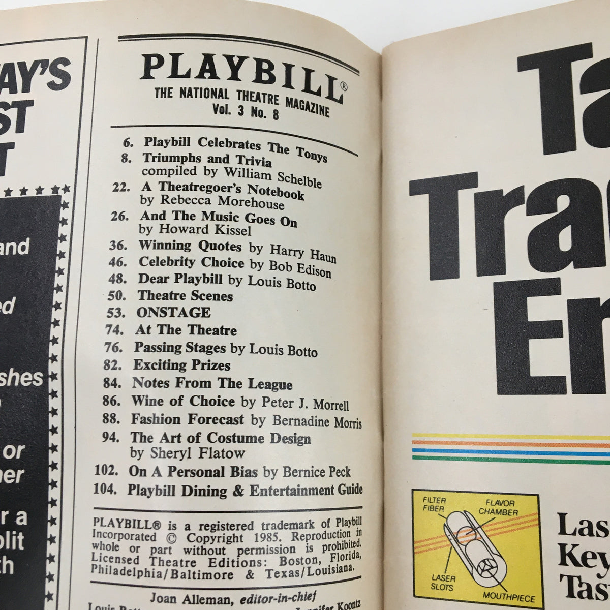 Interior page of the 1985 Playbill showing the contents and features of the National Theatre Magazine.