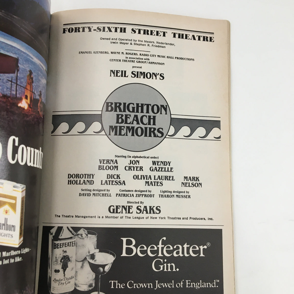 Interior page of the 1985 Playbill detailing the cast and creative team for Neil Simon's Brighton Beach Memoirs at the Forty-Sixth Street Theatre.