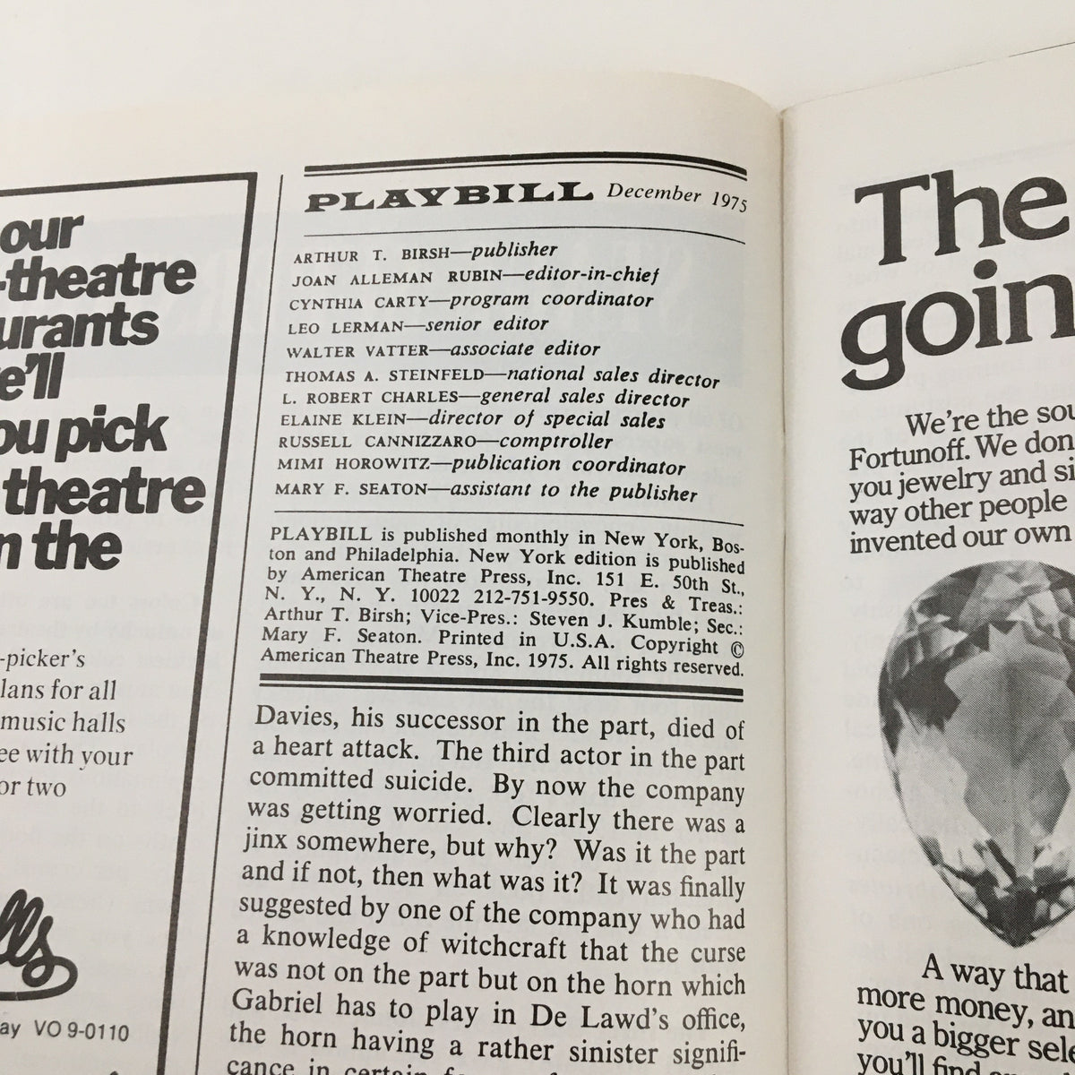 Inside page of the 1975 Playbill for Yentl showcasing publisher details and theater information.