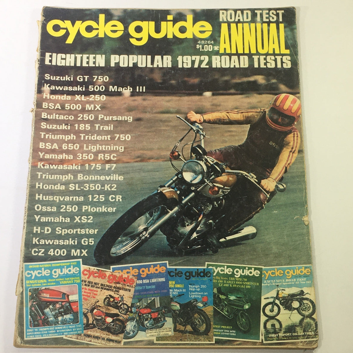 Vintage Cycle Guide Magazine cover from 1972 featuring road test highlights of the Suzuki GT 750 and Honda XL-250, showcasing a motorcyclist on a bike with text listing various popular models of the year.