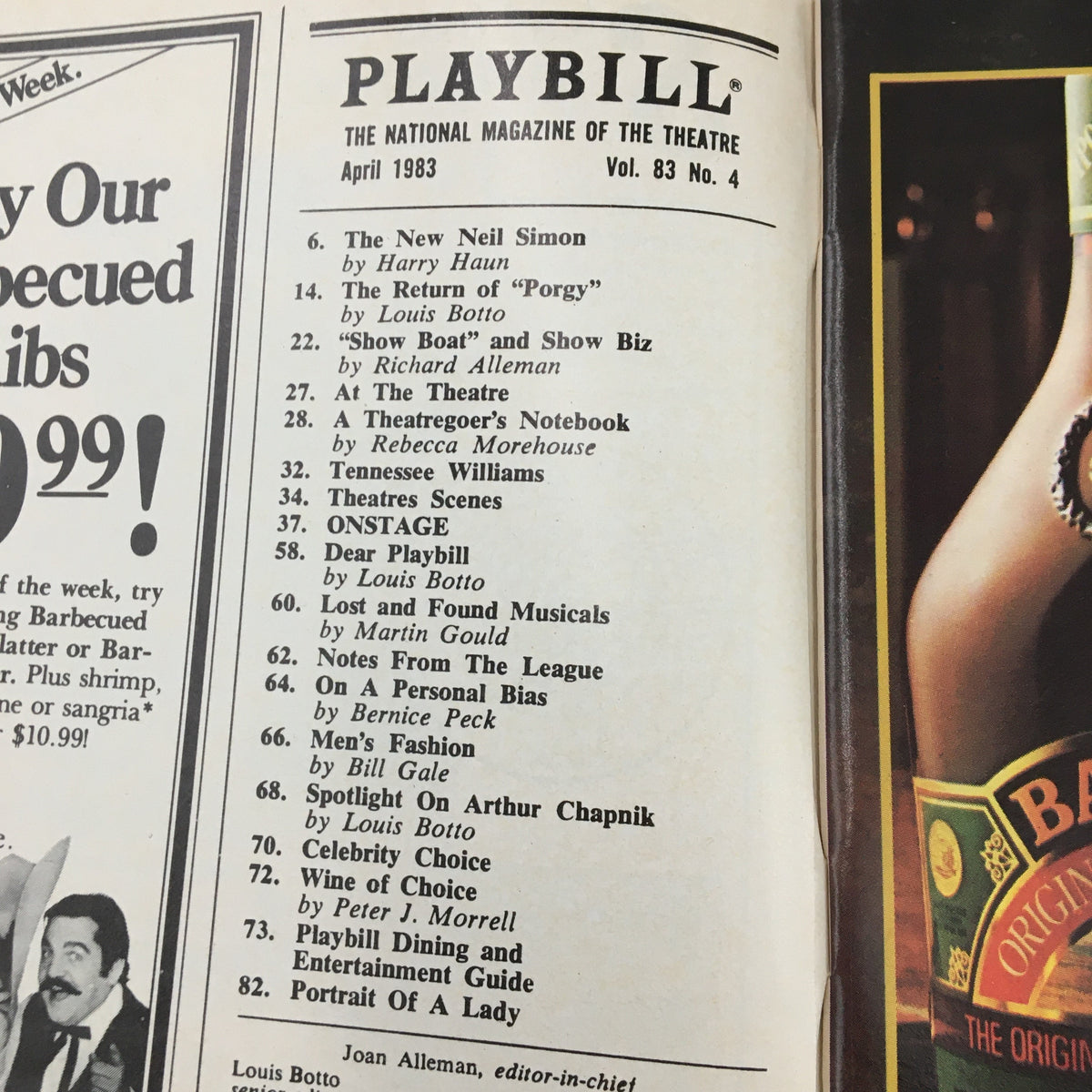 Contents page of the 1983 Playbill for Arthur Miller's A View From The Bridge, listing features and articles from April 1983.