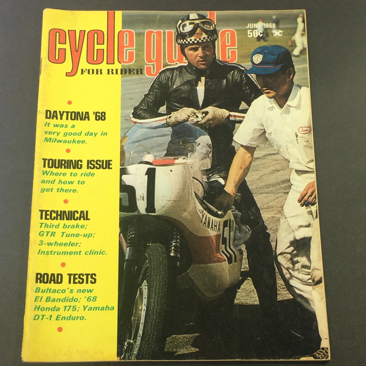 Cover of Cycle Guide Magazine from June 1968 featuring Daytona '68, highlighted with Bultaco El Bandido 1968 Test, showcasing motorcycle racing themes and vintage style.