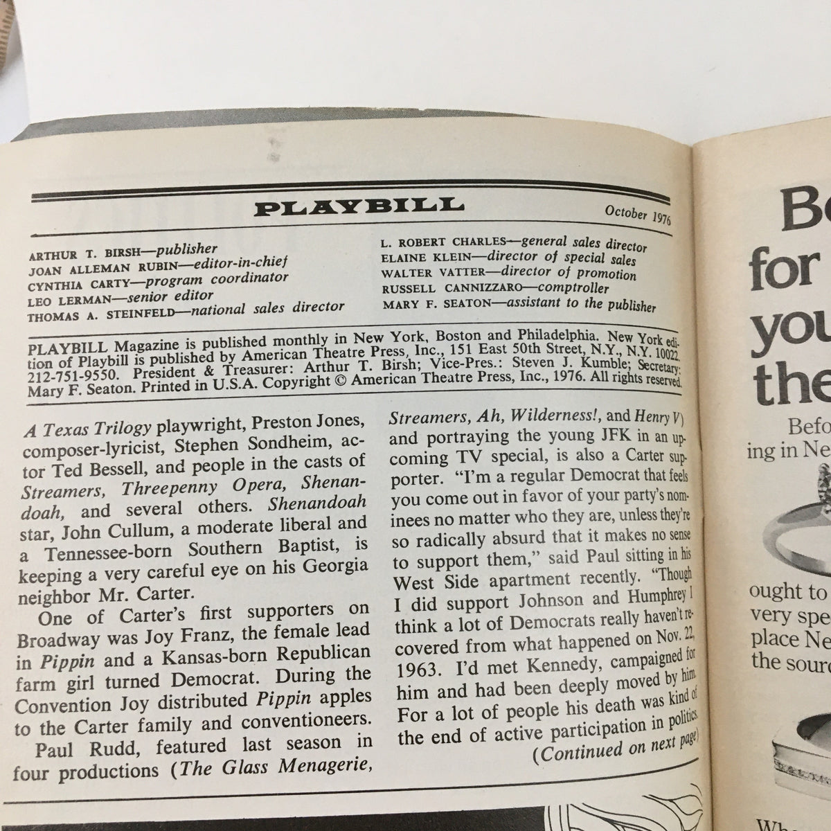 Inside view of the 1976 Playbill for California Suites, showcasing publication details and editorial content.