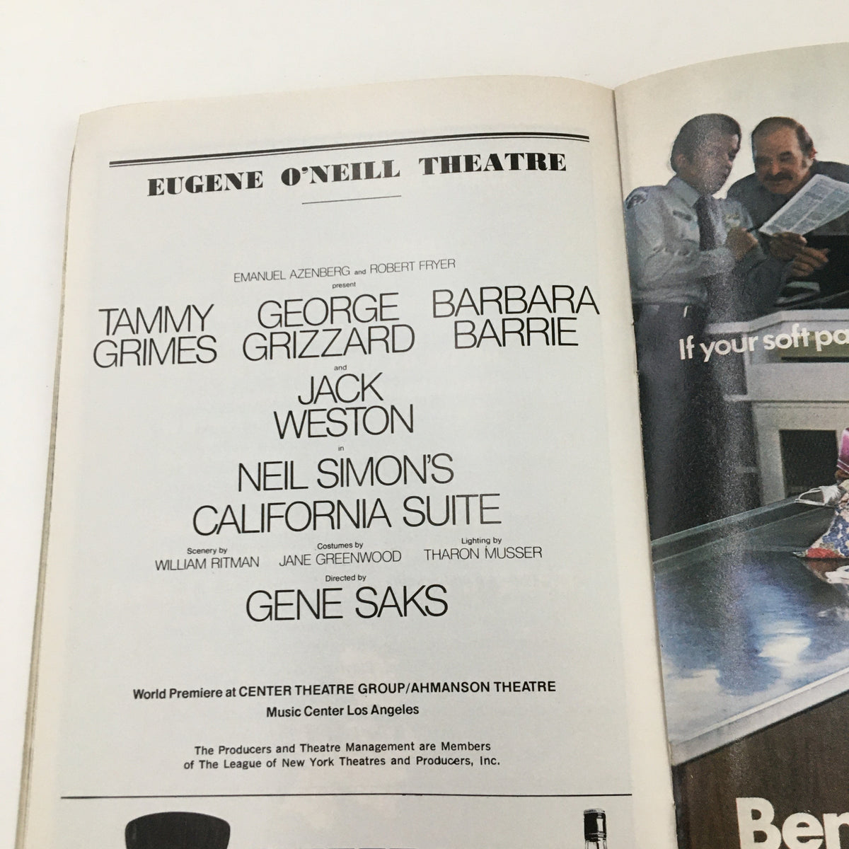 Another inside view of the 1976 Playbill California Suites, displaying cast information and production credits from Eugene O'Neill Theatre.