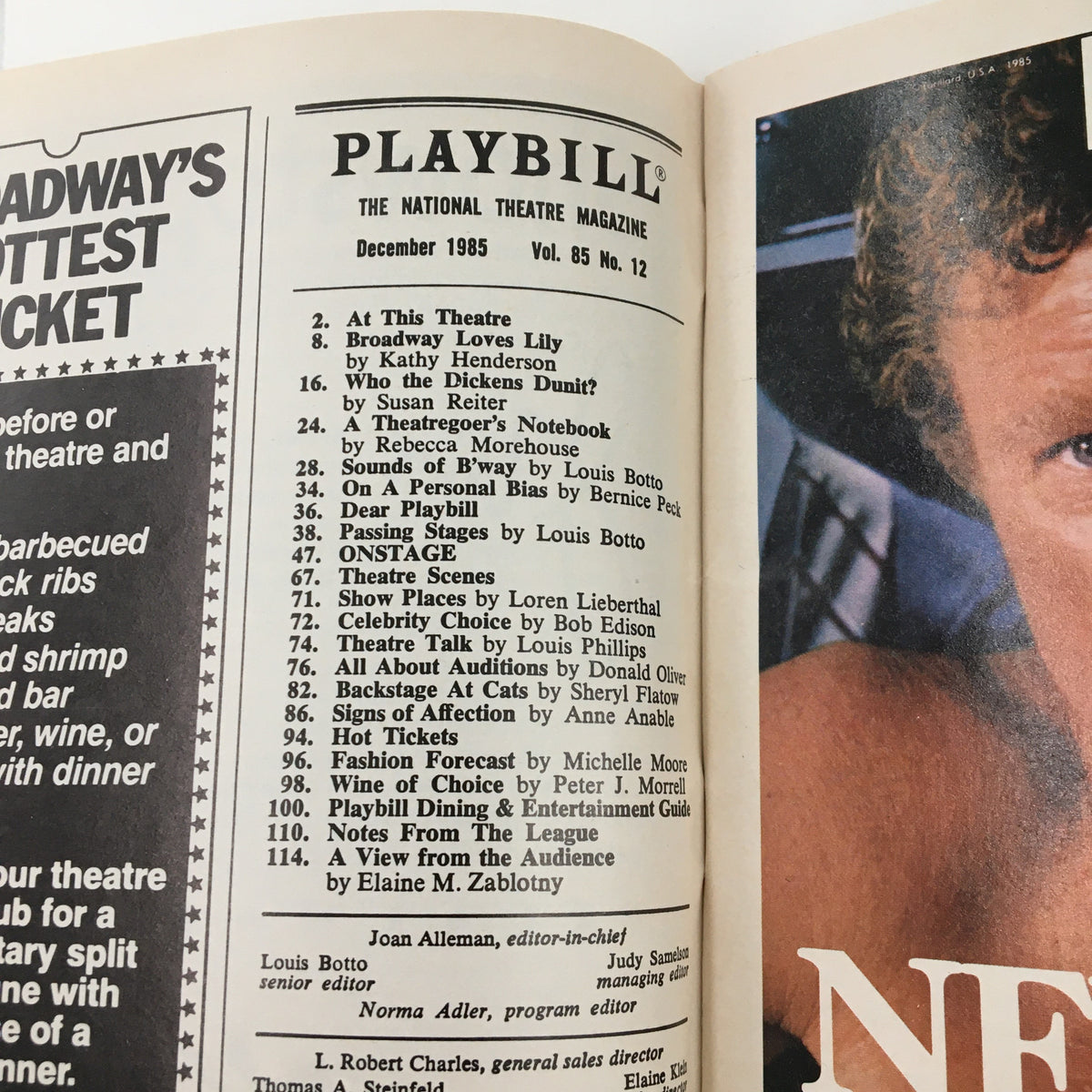 Interior page of the 1985 Playbill for Biloxi Blues, showcasing a list of theater highlights and play details.