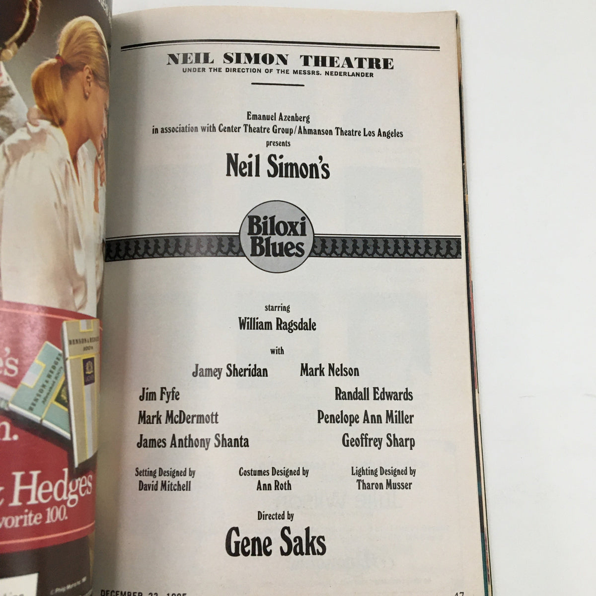 Second interior page of the 1985 Playbill for Biloxi Blues, featuring cast details and production information directed by Gene Saks.