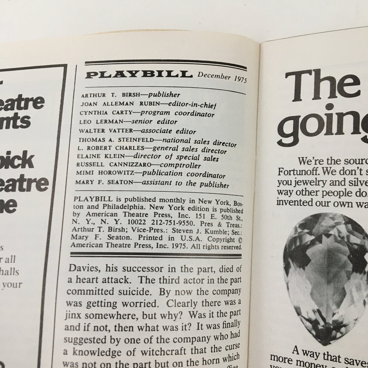 Inside page of the 1975 Playbill from Biltmore Theatre, listing contributors and production details for Murder Among Friends by Bob Harry.