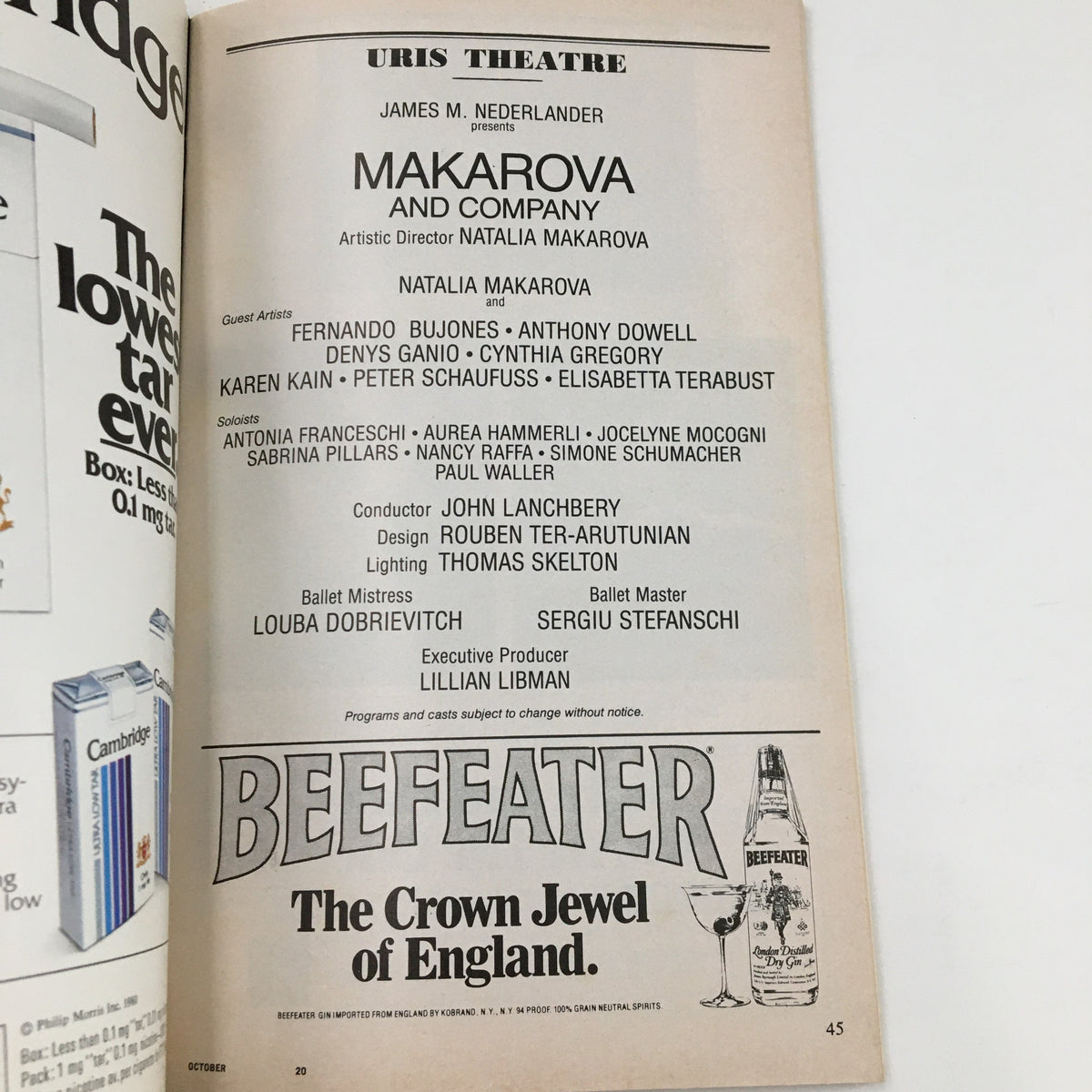 Details from the 1980 Playbill Uris Theatre, highlighting the cast and artistic direction for Makarova and Company.
