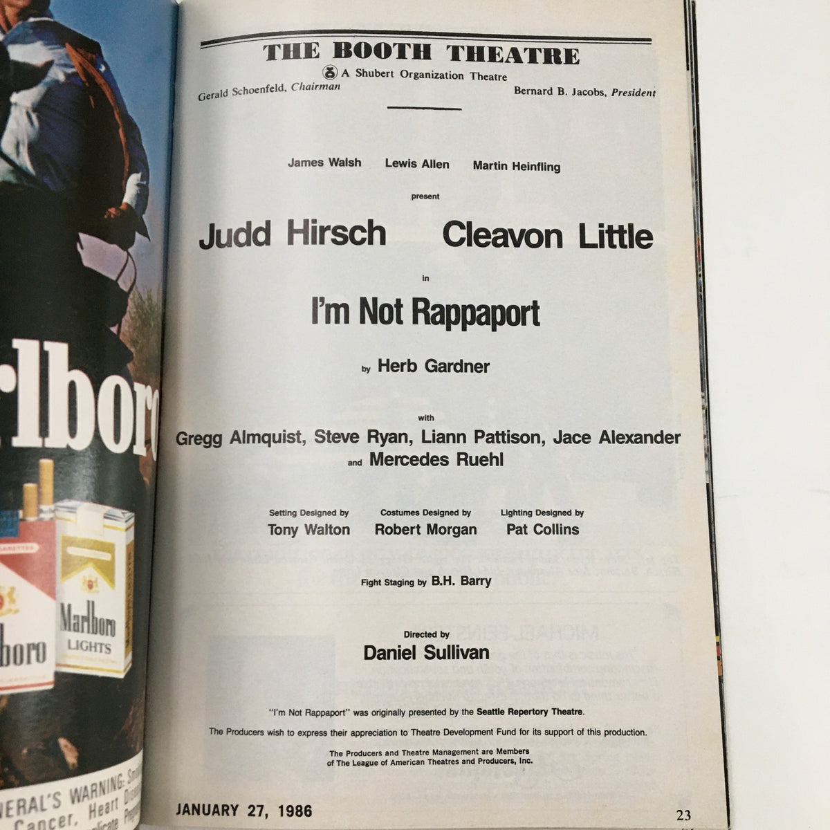 Cast page from the 1986 Playbill for 'I'm Not Rappaport' at The Booth Theatre, listing actors Judd Hirsch and Cleavon Little, along with production details.