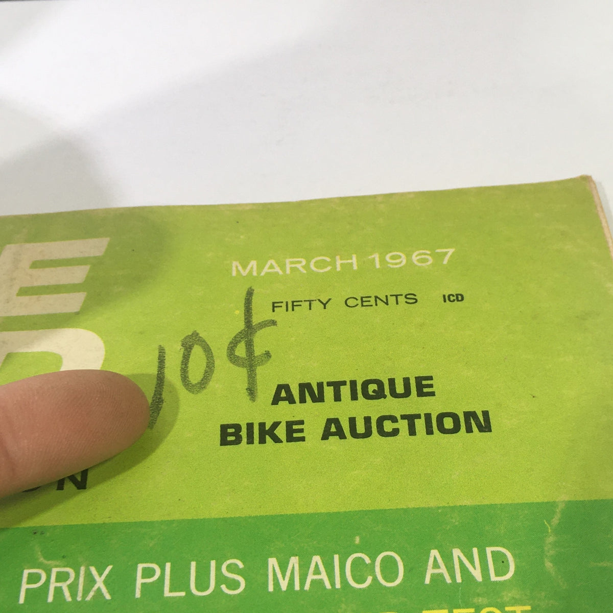 Cover detail of VTG Cycle World Magazine March 1967 featuring antique bike auction price and highlights of motorcycle culture.