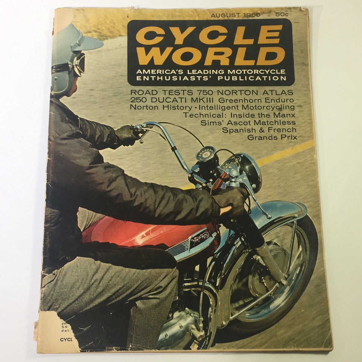 Cover of Cycle World Magazine August 1965 featuring the Norton Atlas and 250 Ducati MKIII, showcasing articles on motorcycle tests and history.