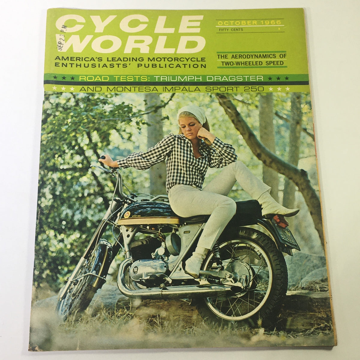 Cycle World Magazine October 1966 cover featuring road test articles on Montesa Impala Sport 250 and Triumph Dragster, showcasing the vintage motorcycle culture with a model posing on the bike.