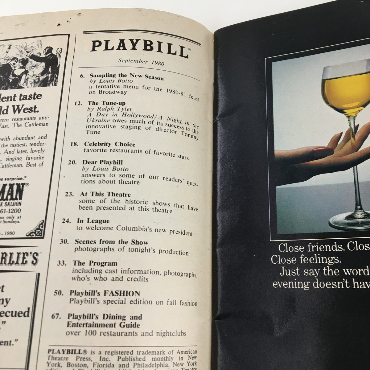 Inside view of the September 1980 Playbill showcasing various features and upcoming shows including 'I Ought To Be In Pictures' at the Eugene O'Neill Theatre.