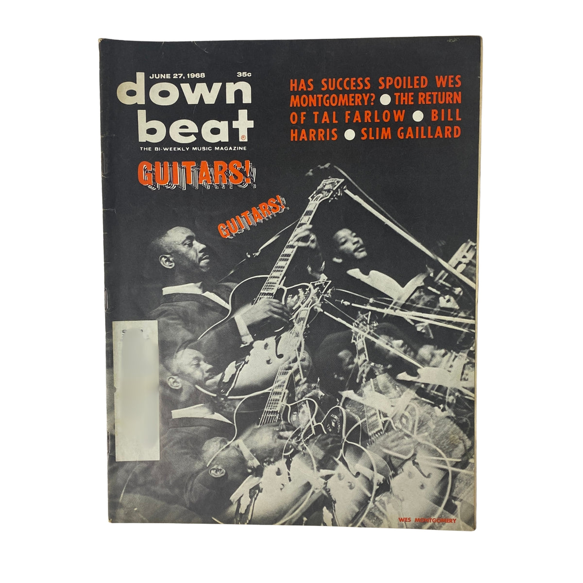 Cover of Down Beat Magazine, June 27, 1968, Vol 35 No. 13 featuring notable guitarists including Wes Montgomery and Bill Harris with the headline 'GUITARS!' highlighting music articles and interviews.