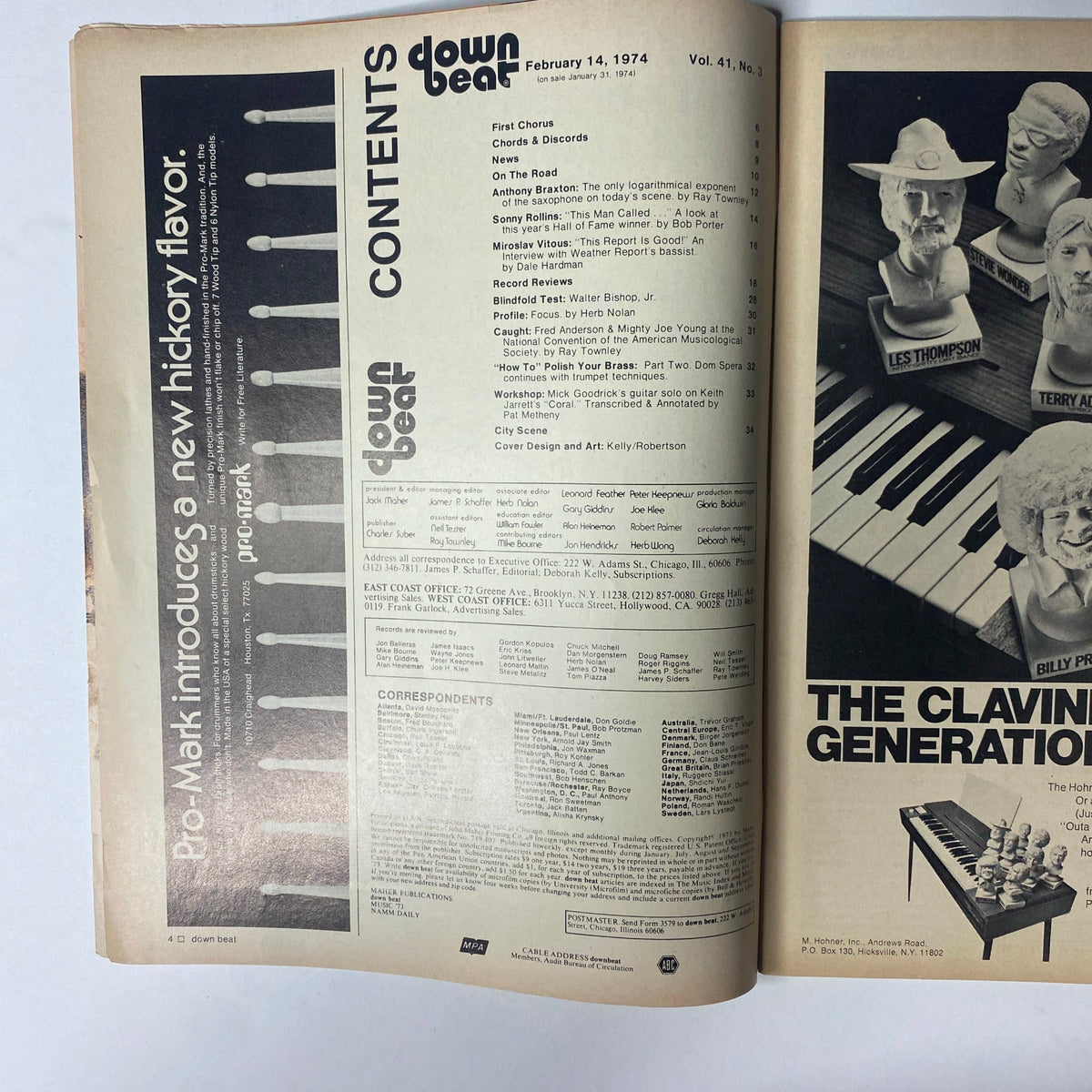 Inside page of Down Beat Magazine February 14, 1974 Vol 41 No. 3 displaying table of contents along with article highlights, including profiles on Sonny Rollins and Anthony Braxton.