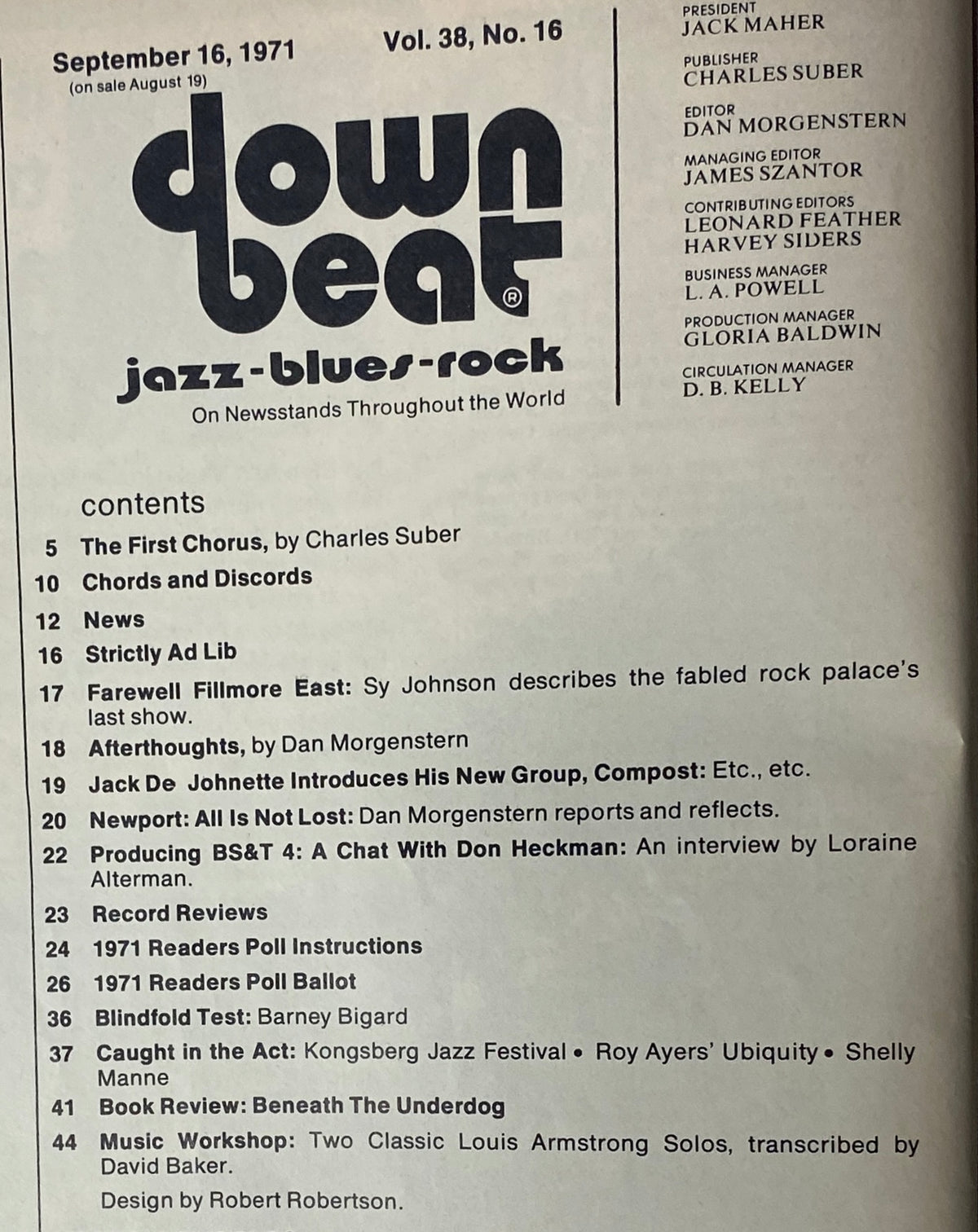 Table of Contents from Down Beat Magazine September 16, 1971 Vol 38 No. 16, listing articles including 'Farewell Fillmore East' and 'Music Workshop: Two Classic Louis Armstrong Solos'.