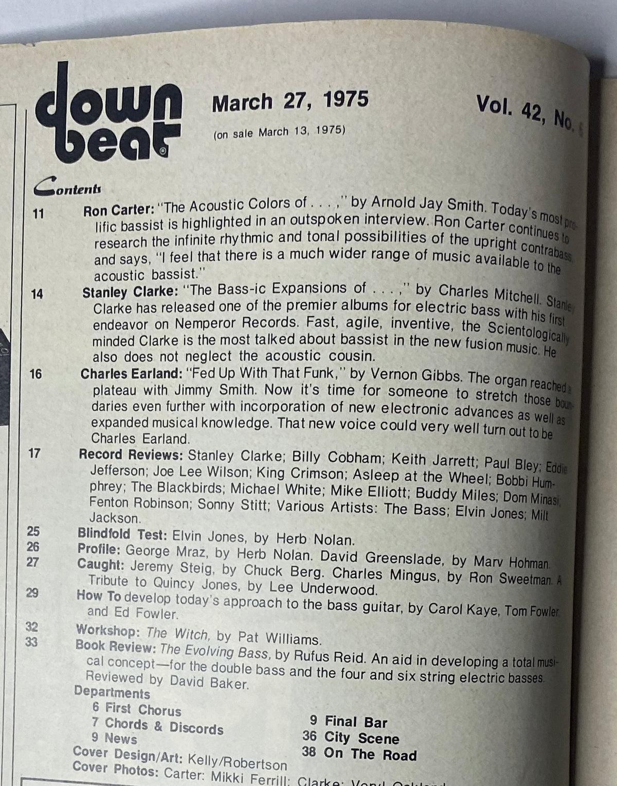 Table of contents from Down Beat Magazine, March 27, 1975, Vol. 42 No. 6, listing features on Ron Carter and Stanley Clarke, along with various articles and record reviews related to jazz.