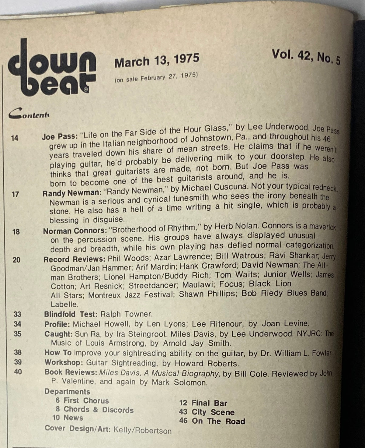 Table of contents from Down Beat Magazine, March 13, 1975, Vol 42 No 5, listing articles and features on Joe Pass, Randy Newman, Norman Connors, and more, showcasing the magazine's focus on jazz and music analysis.