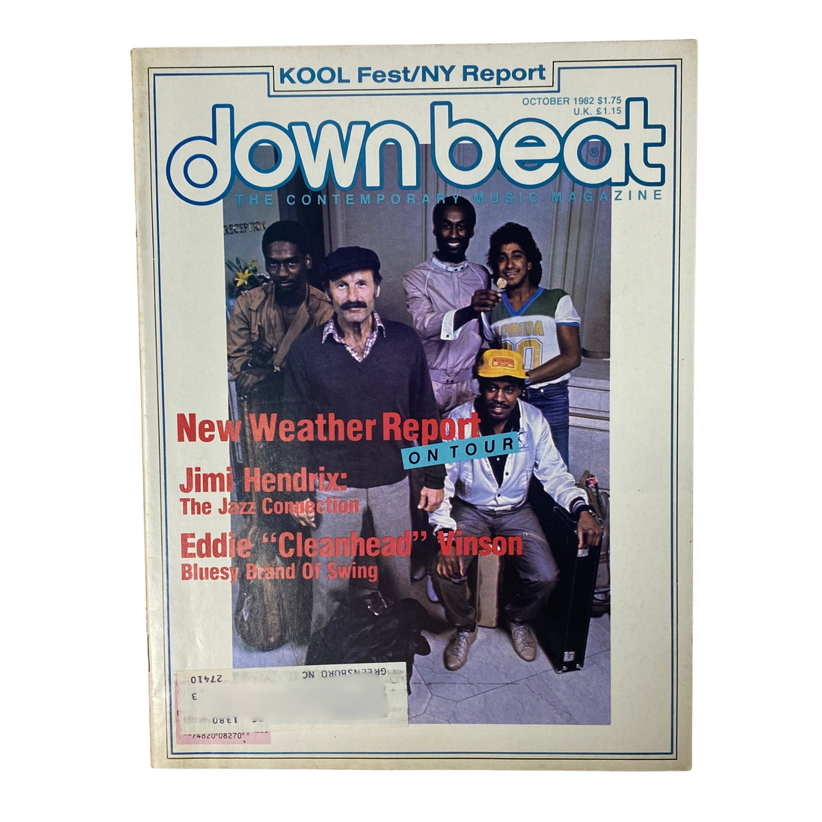Cover of Down Beat Magazine October 1982 Vol 49 No. 10 featuring Jimi Hendrix: The Jazz Connection, with a photo of musicians including Jimi Hendrix and Eddie 'Cleanhead' Vinson.