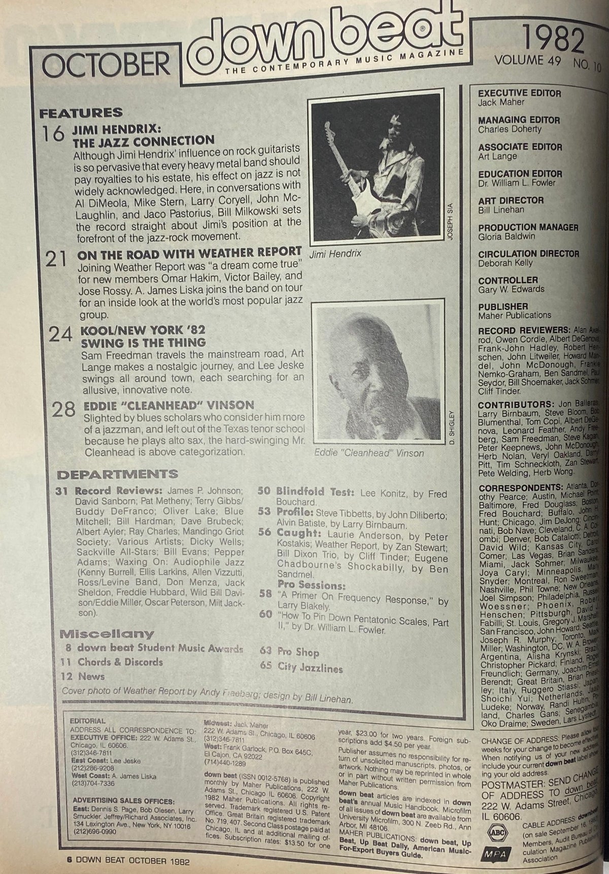 Interior page of Down Beat Magazine October 1982 Vol 49 No. 10 showcasing features such as Jimi Hendrix: The Jazz Connection, and including details about Eddie 'Cleanhead' Vinson and upcoming musical events.