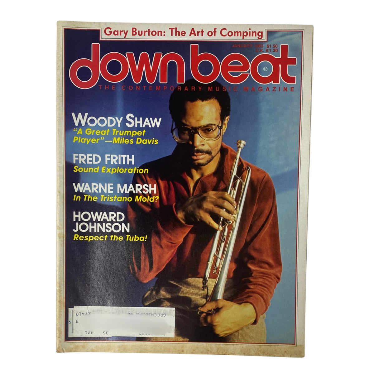 Down Beat Magazine January 1983 Vol 50 No. 1 featuring Woody Shaw on the cover, highlighting articles on Fred Frith, Warne Marsh, and Howard Johnson.