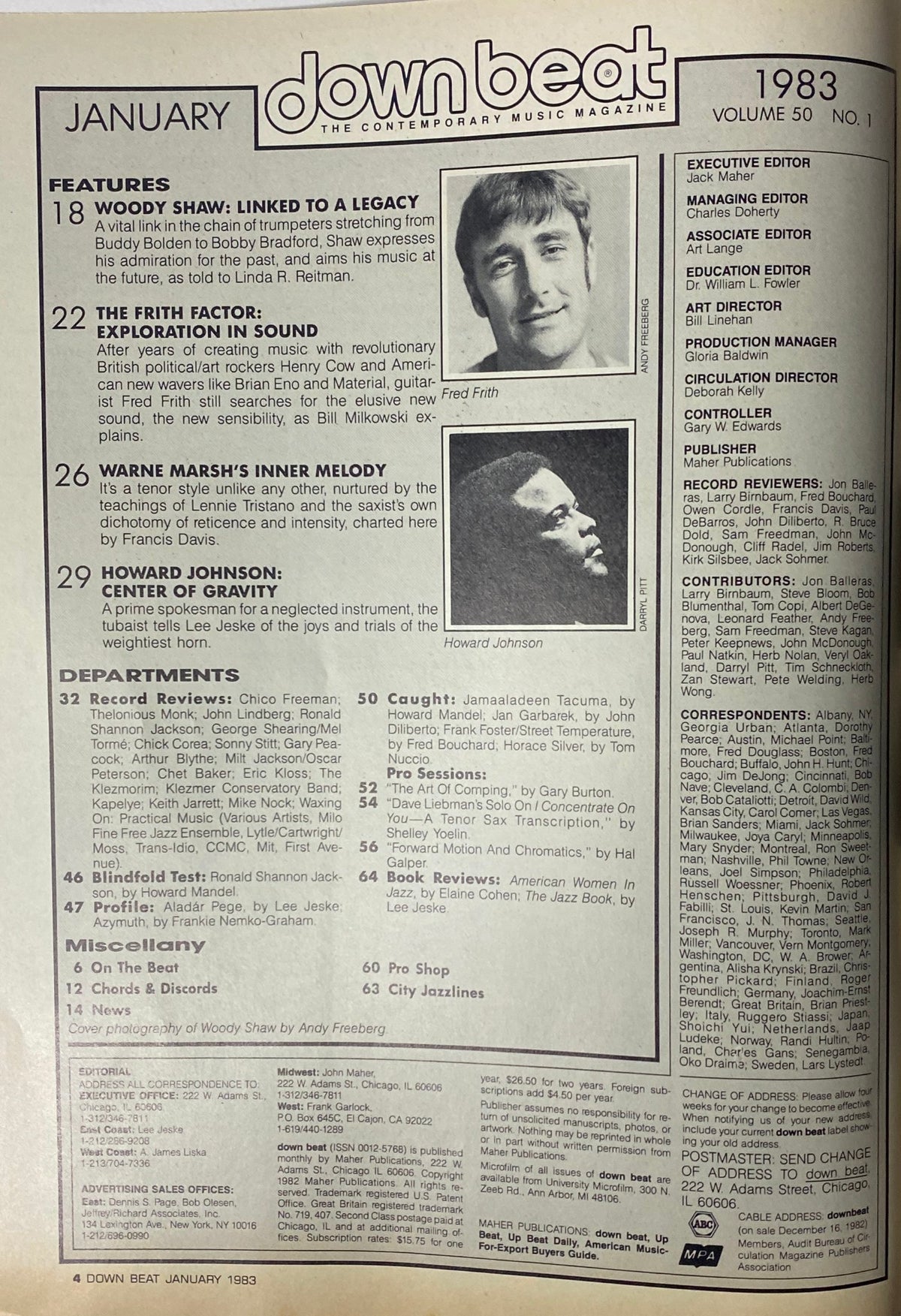 Inside of Down Beat Magazine January 1983 Vol 50 No. 1, showcasing features on Woody Shaw, Fred Frith, and Howard Johnson, along with reviews and editorial details.