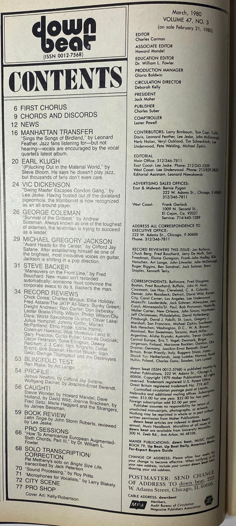 Contents page of Down Beat Magazine March 1980 Vol. 47 No. 3 including articles about Vic Dickenson, Earl Klugh, Manhattan Transfer, and reviews of various musicians and music trends.