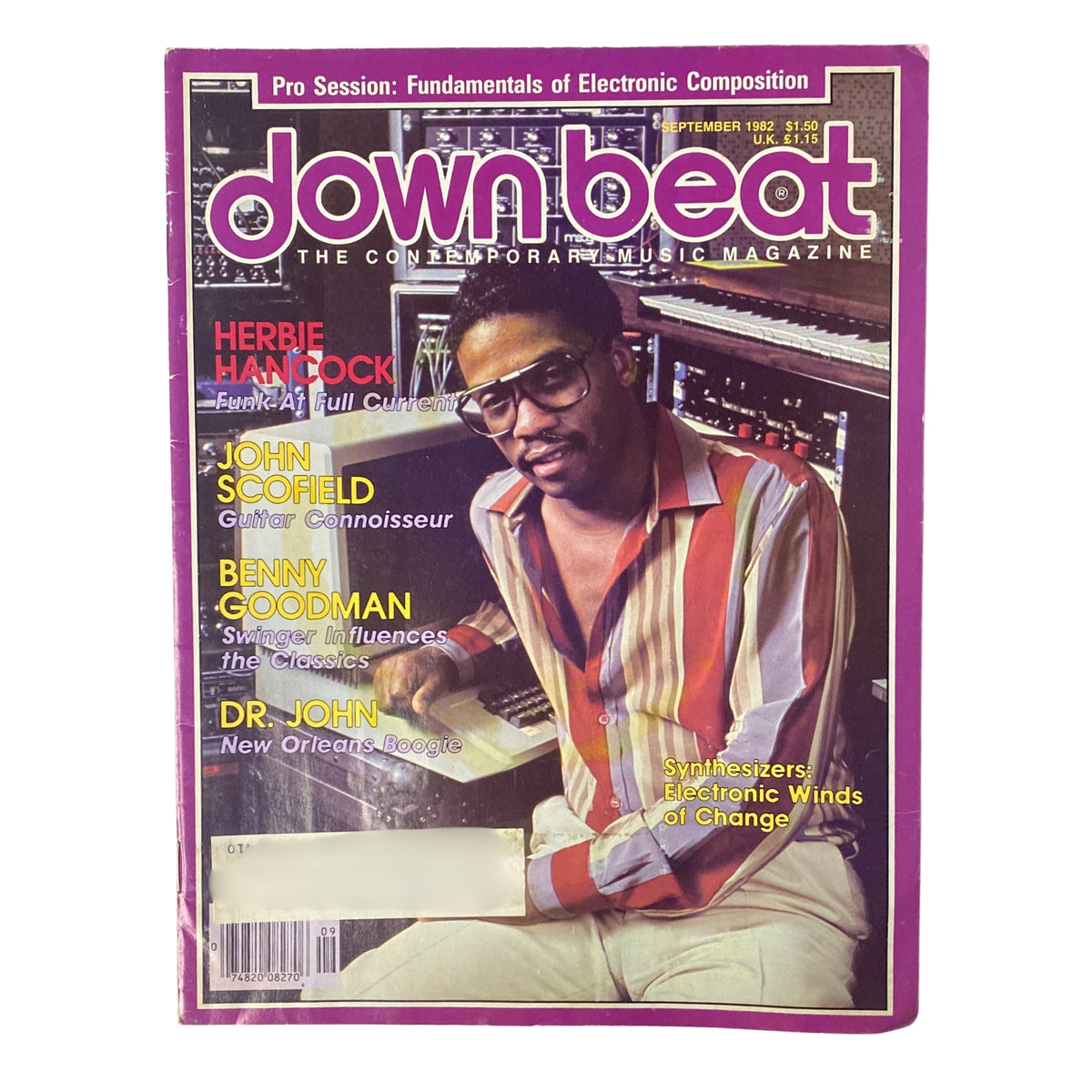 Cover of Down Beat Magazine, September 1982, Vol. 49 No. 9 featuring Herbie Hancock, John Scofield, Benny Goodman, and Dr. John. The magazine highlights their contributions to contemporary music.