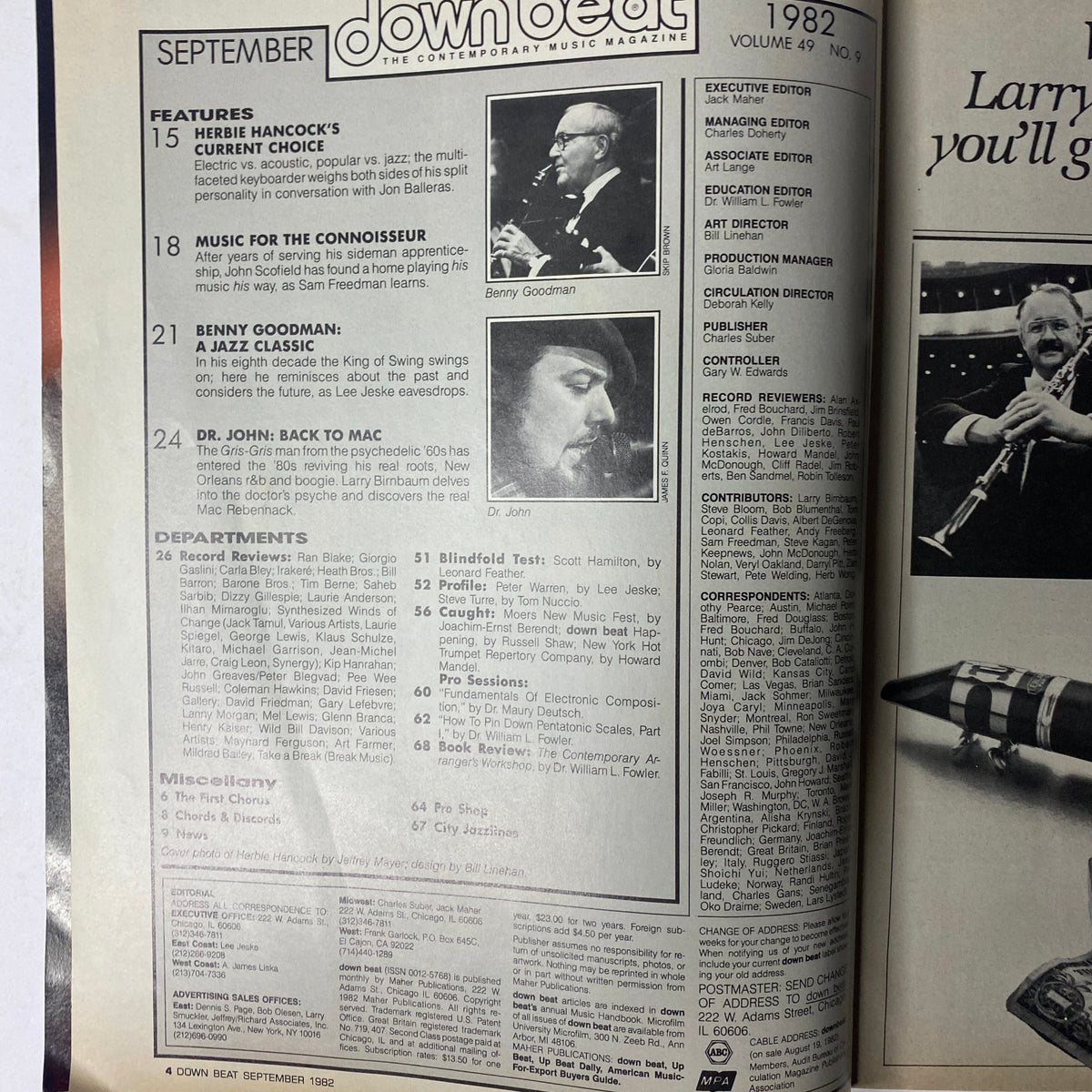 Inside page of Down Beat Magazine, September 1982, Vol. 49 No. 9 showcasing articles on Herbie Hancock, John Scofield, Benny Goodman, and Dr. John, along with record reviews and various music departments.