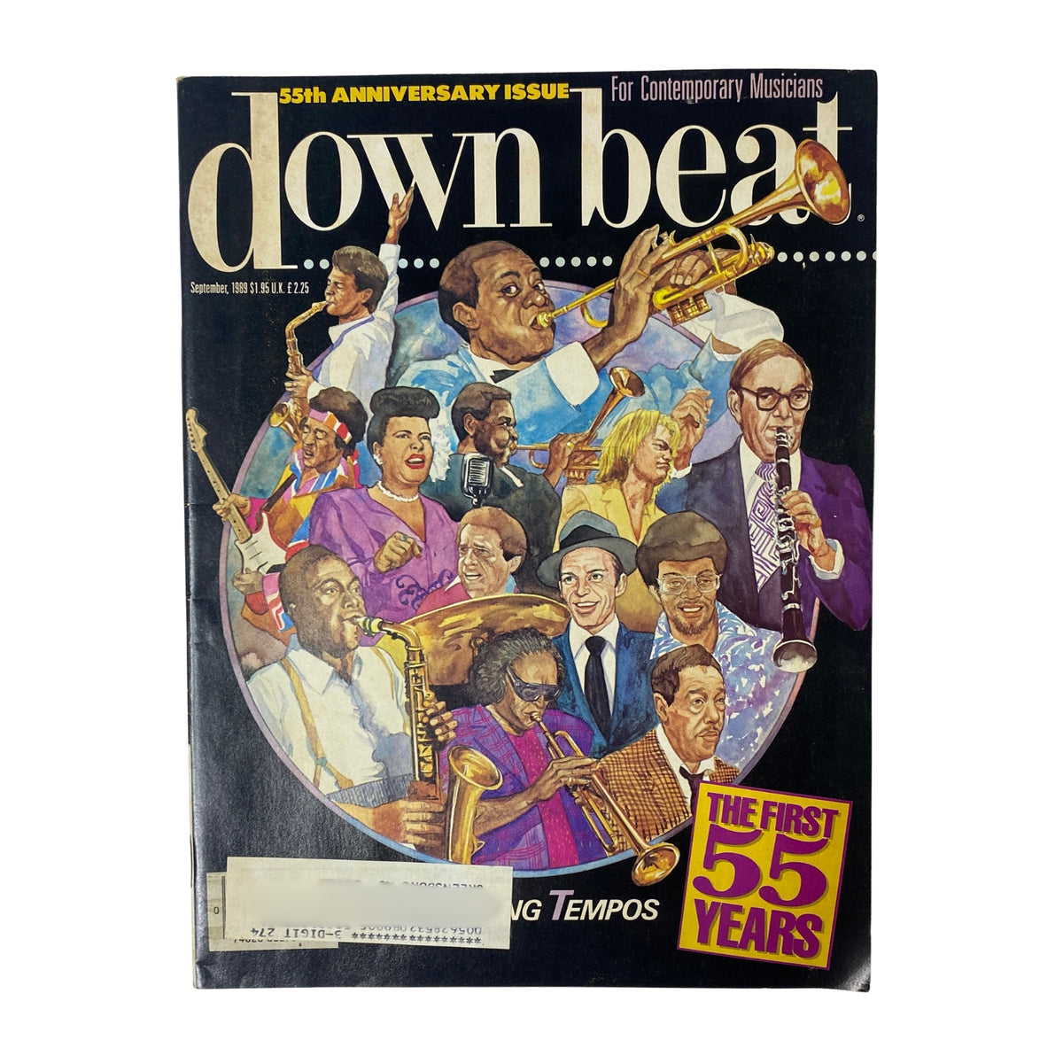 Cover image of Down Beat Magazine September 1989 55th Anniversary Issue featuring a colorful illustration of various musicians including saxophonists, trumpeters, and drummers, celebrating the magazine's 55-year history.