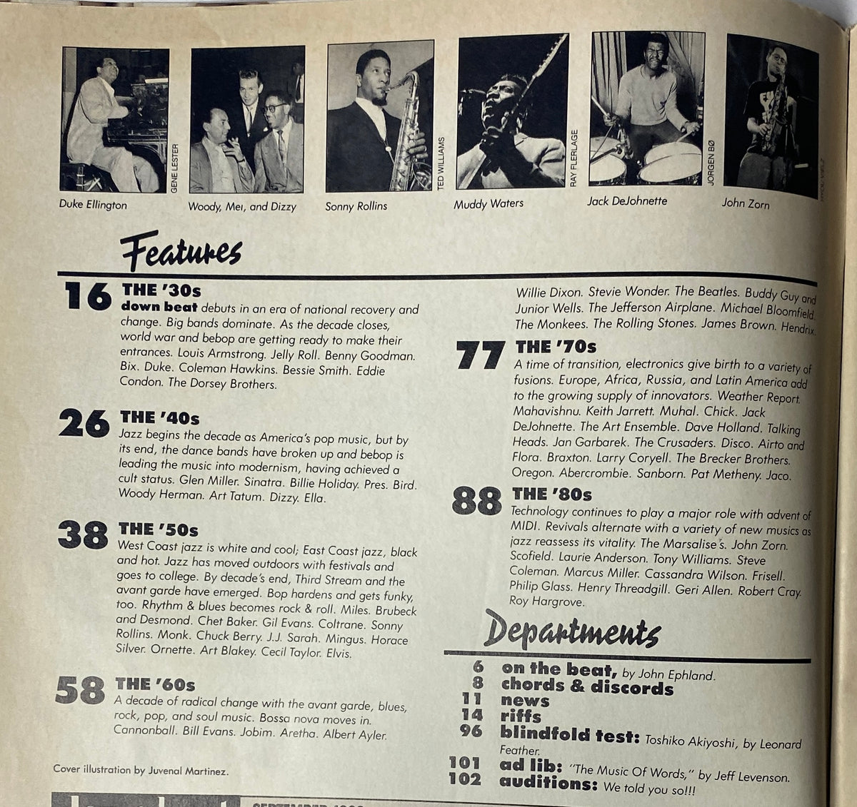 Pages from Down Beat Magazine September 1989 55th Anniversary Issue highlighting featured artists and decades in jazz history, including notable figures like Duke Ellington and Sonny Rollins, along with various articles and departments.