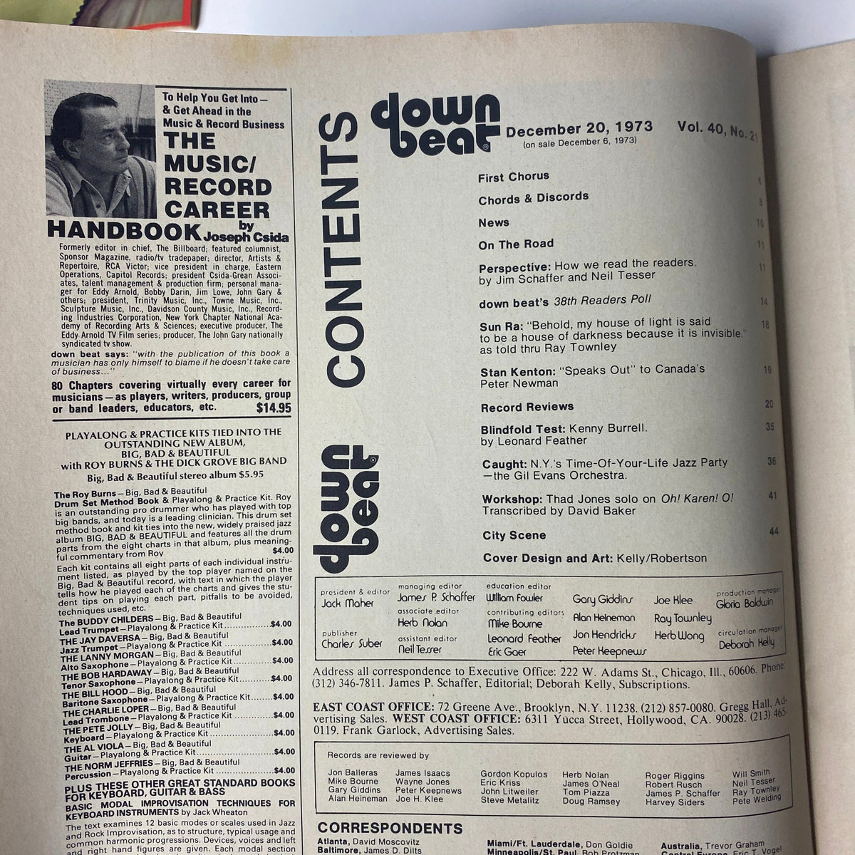 Table of contents page from Down Beat Magazine, December 20, 1973, Vol 40 No. 21 showcasing various articles including editorial content by Jim Schaffer and Neil Tesser, and a list of featured performers.