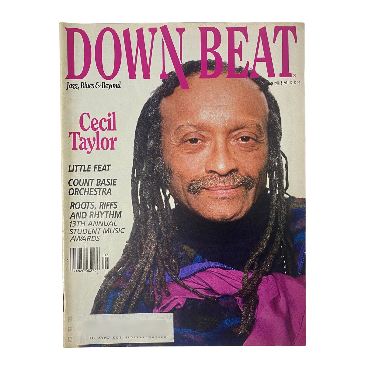 Cover of Down Beat Magazine June 1990 Vol 57 No. 6 featuring avant-garde pianist Cecil Taylor. The cover highlights articles on Little Feat, Count Basie Orchestra, and the Down Beat Student Music Awards.