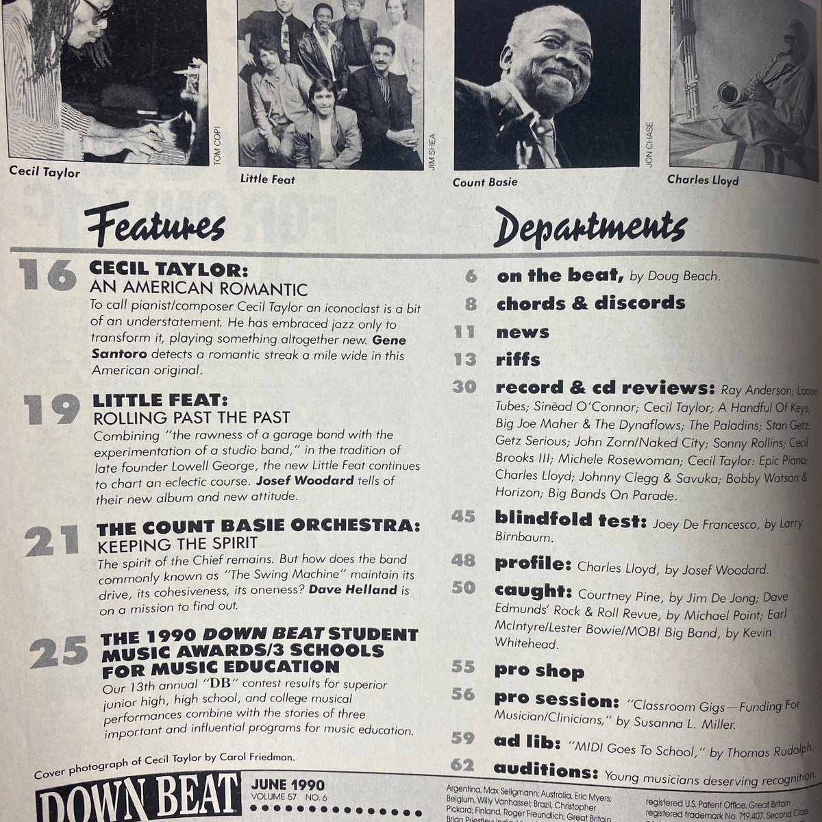 Inside page of Down Beat Magazine June 1990, showcasing features on Cecil Taylor, Little Feat, and Count Basie, along with various departments including music reviews and news.
