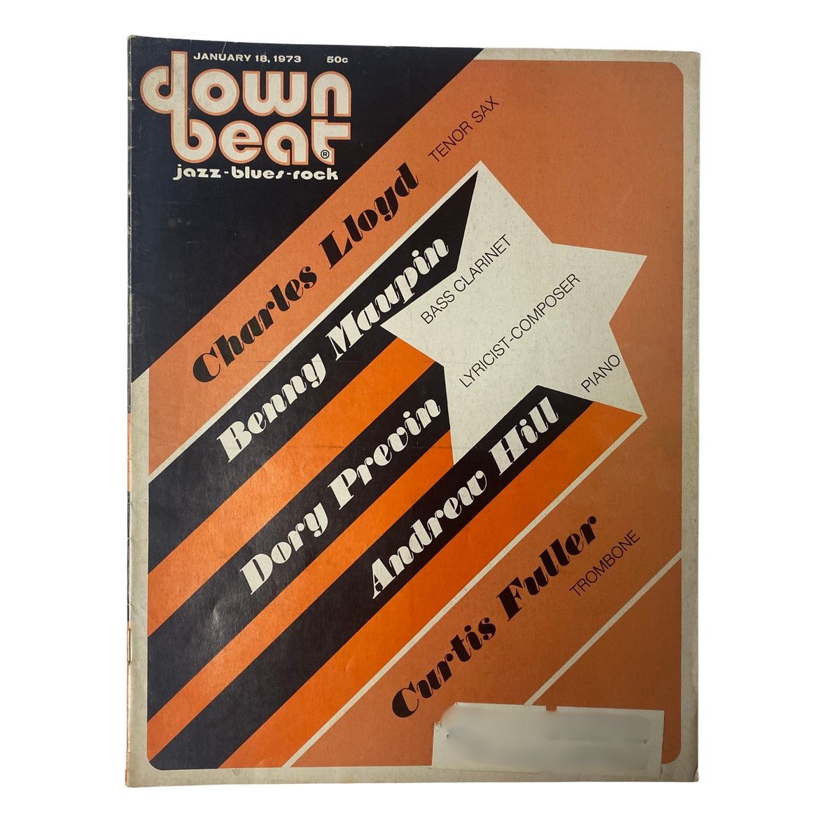 Cover of Down Beat Magazine January 18, 1973, Vol 40 No. 1 featuring Charles Lloyd, Benny Maupin, Dory Previn, Andrew Hill, and Curtis Fuller, showcasing vibrant colors and details about jazz music.