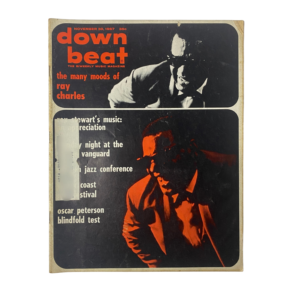 Cover of Down Beat Magazine, November 30, 1967, Vol 34 No. 24 featuring 'The Many Moods of Ray Charles' headline, showcasing a striking black and white image of Ray Charles.