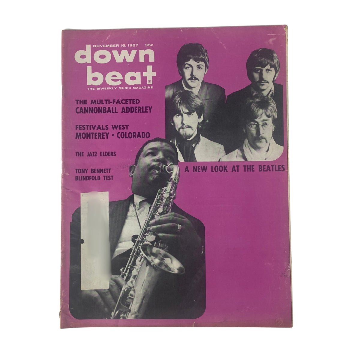 Cover of Down Beat Magazine, November 16, 1967, featuring a tribute to The Beatles and Tony Bennett with a bold design and images of musicians. Includes features on the Cannonball Adderley, festival highlights from Monterey, Colorado, and a blindfold test with Tony Bennett.