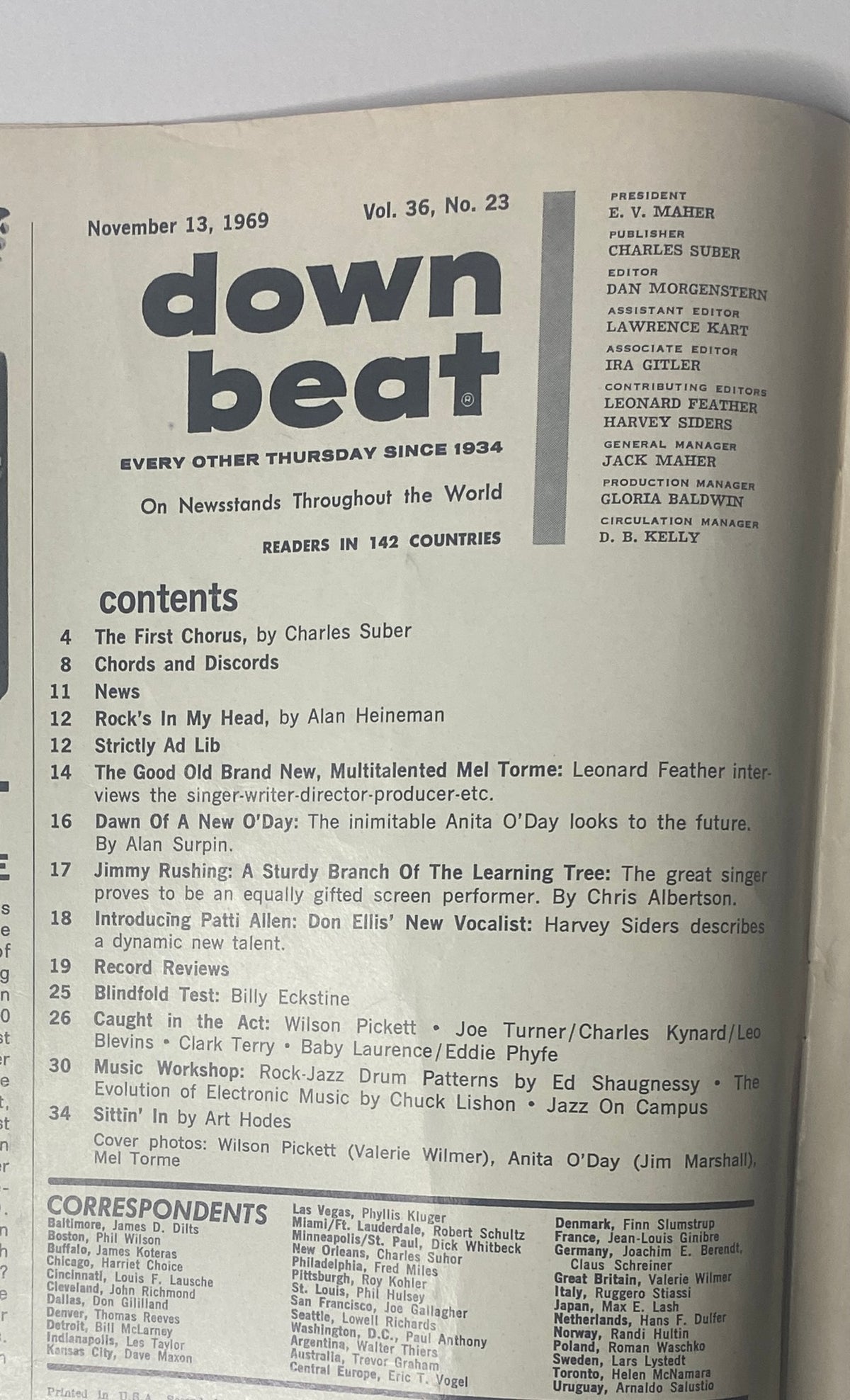 Table of Contents from Down Beat Magazine, November 13, 1969, detailing features on Wilson Pickett, Billy Eckstine, Mel Tormé, and more, showcasing music journalism from the 1960s.