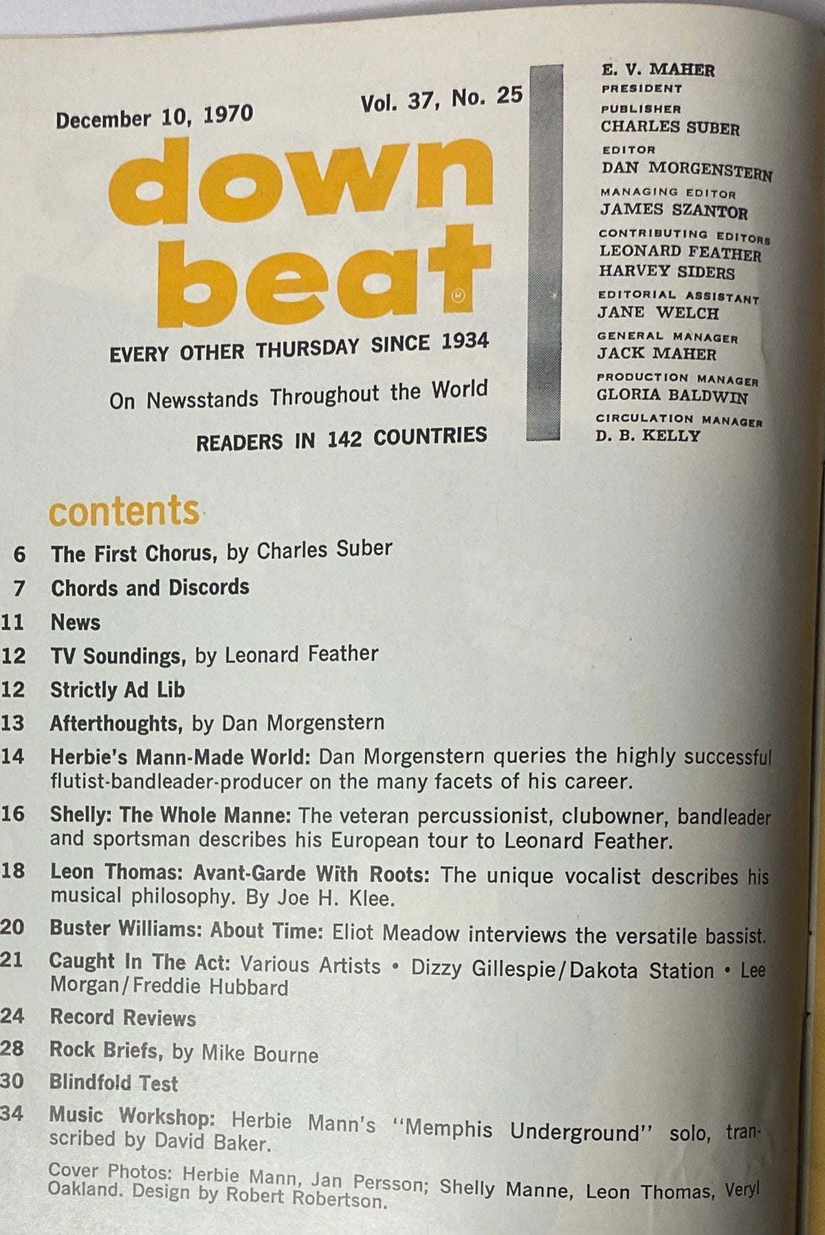 Table of Contents from Down Beat Magazine December 10, 1970, Vol 37 No 25, detailing features on jazz figures like Herbie Mann, Shelly Manne, Leon Thomas, and more.